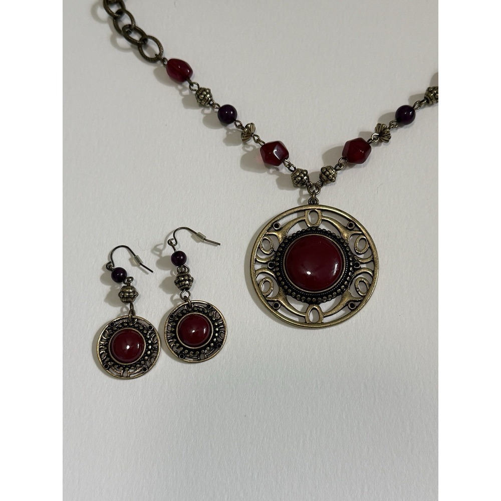 Red Bronze Tone Jewelry Set with Necklace Earrings Round Circle Stones Boho